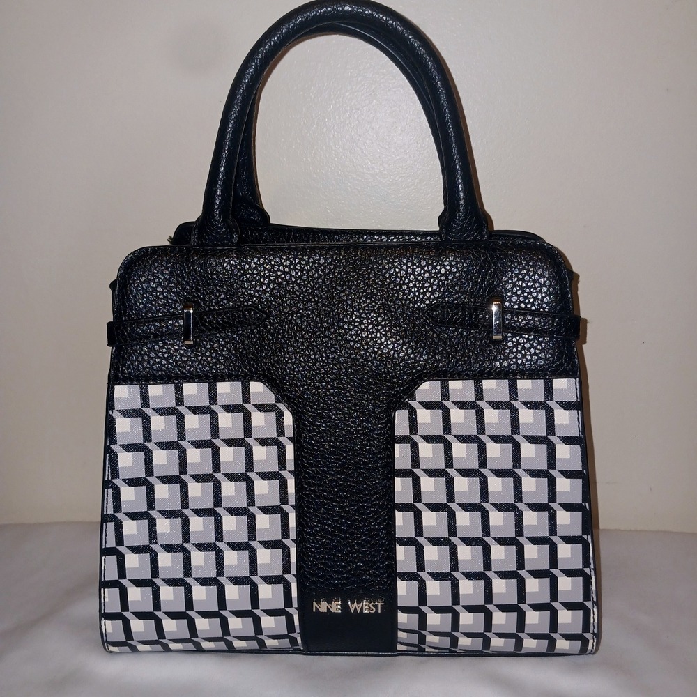 Nine West Black Geometric Cube Print Satchel Handbag Pebbled Faux Leather Bag